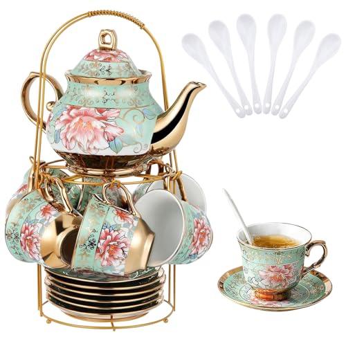 20 Pcs Porcelain Tea Set with Metal Holder (20 Count)