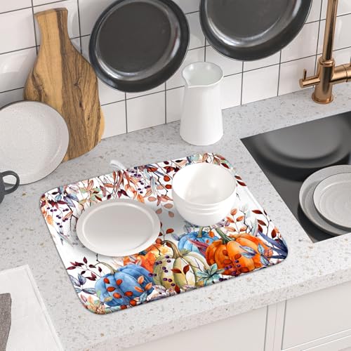 Orange and Blue Autumn Pumpkins Dish Drying Mat for Kitchen Counter