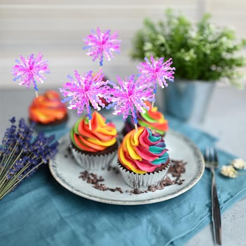 20Pcs Foil Firework Cupcake Toppers Happy Birthday Cake Toppers Sparkle Tinsel Flower Drink Stirrers Cocktail Food Fruit Toothpicks for Valentine's Day Party Supplies Rose Red (20 Count)