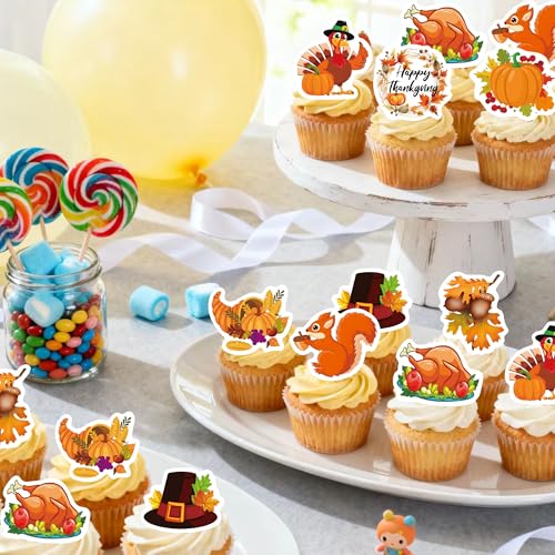 72PCS Edible Thanksgiving Day Cupcake Toppers Wafer Paper Autumn Food Cake Decorations Edible Pumpkins Cupcake Picks for Autumn Thanksgiving Party Birthday Decor Supplies