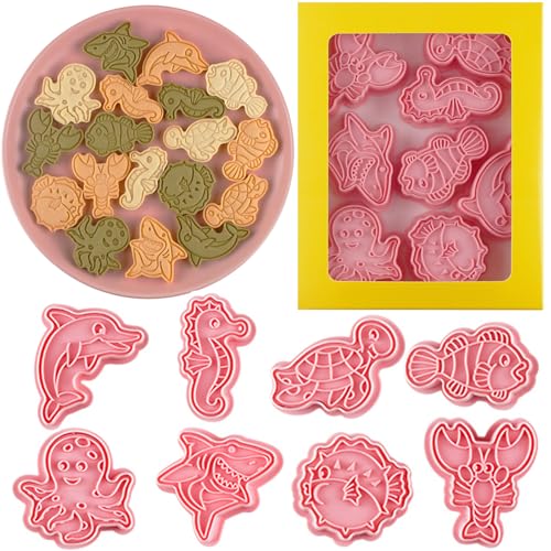 8 Pcs Ocean Cookie Cutters Set Baking Molds 3D Ocean Press type Cookie Cutter for Baking