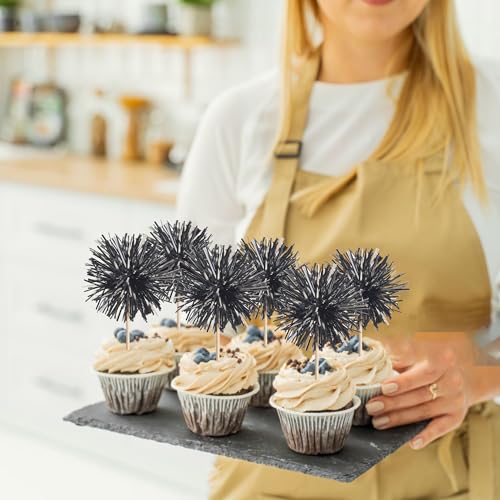 40 PCS Black Foil Firework Cupcake Toppers Sparkle Tinsel Cupcakae Picks Sparkler Fireworks Party Decorations Cocktail Fruit Toothpick for Birthday Wedding Graduation Party Decorations Supplies (40 Count)