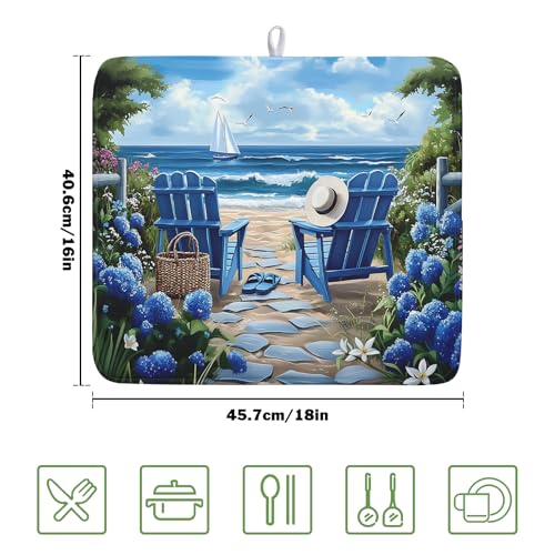 Summer Beach Chairs Dish Drying Mat Sea Wave Blue Floral Drying Mat fo Kitchen Counter 16”x18” Absorbent Reversible Kitchen Mat Non