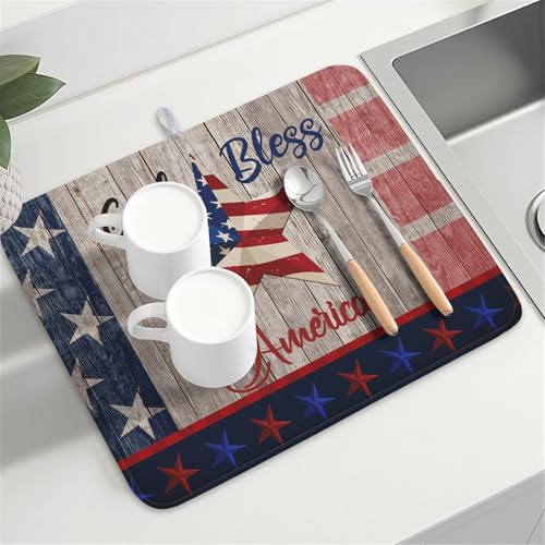 4th of July Dish Drying Mat 18x24 Inch Patriotic God Bless America Memorial Kitchen Mats Independence Day Absorbent Dishes Pad for Kitchen Counter USA Star Drying Mat Home Decor for Countertop