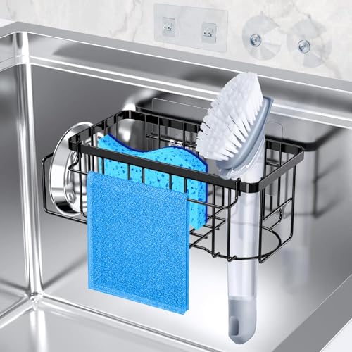 4-in-1 Sponge Holder for Kitchen Sink, Sink Caddy Organizers and Storage with Adhesive Hook & Suction Cups, Rustproof Kitchen Sink Organizer for Home Decor - Black