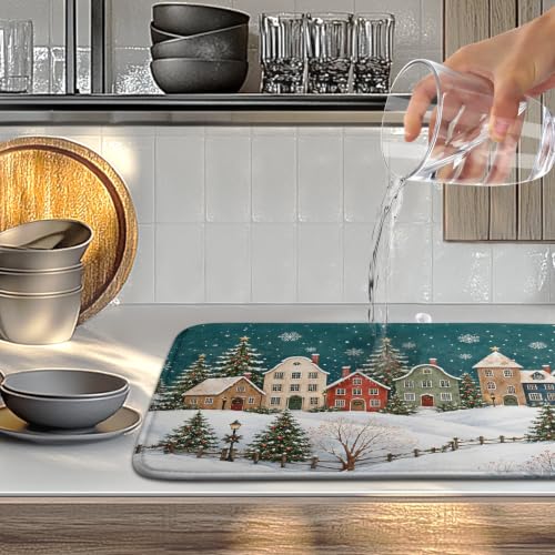 Winter Christmas Dish Drying Mats Xmas Forest House Dish Mat Snowflake Drying Matt Dishes Dryer Pad for Kitchen Counter Absorbent Microfiber Washable Foldable Reusable 18x24 in