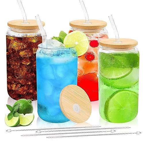 4pcs 16Oz Glass Cups with Bamboo Lids and Straws Drinking Glasses (4 Count)