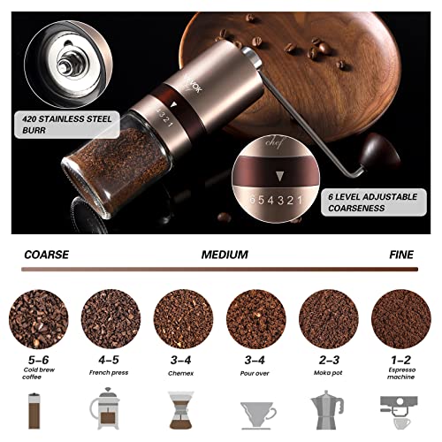 Gold Manual Coffee Grinder Stainless Steel Burr Coffee Grinder with Portable Bag External Adjustable Setting Small Hand Coffee Grinder Ultra Fine for Espresso at Home Morning Coffee
