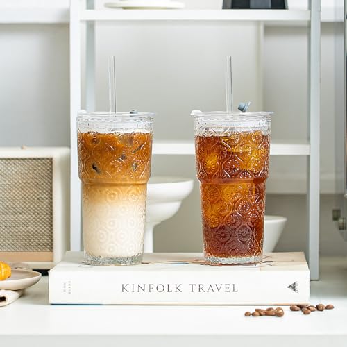 20oz Begonia Flower Glass Tumbler with Bamboo Lid and Straw