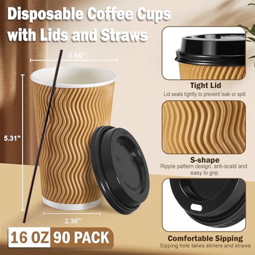 90 Pack 16 oz Disposable Coffee Cups with Lids and Straws (90 Count)