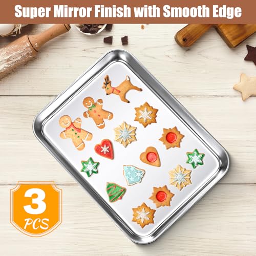 3 Pcs Baking Sheet Pan Set Stainless Steel Cookie Sheet Small Toaster Oven Pans Tray Barbecue Grill Pan Rectangle Trays Oven Freezer Bakery