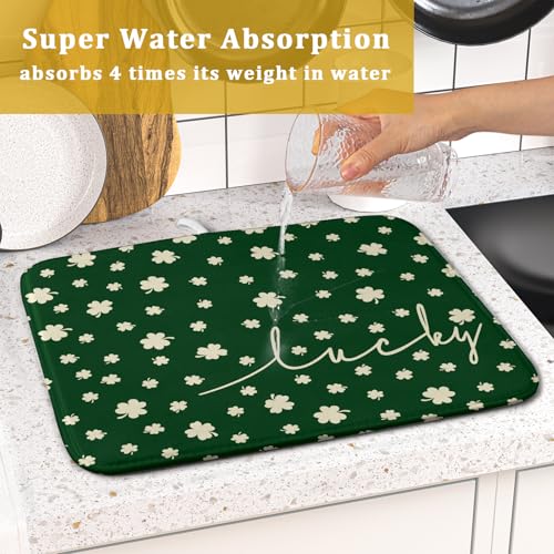 St Patricks Day Dish Drying Mat Green Lucky Clovers Dish Drainer Mats 16"x18" Shamrock Holiday Microfiber Reversible Dish Drying Rack Pad Protector for Kitchen Countertop Small Decor