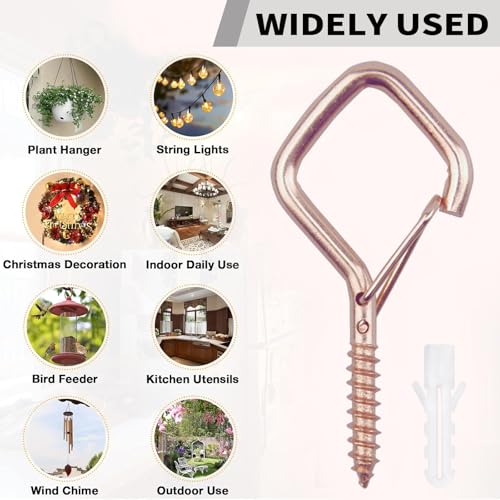 50 PCS Rose Gold Eye Screw Hooks for Hanging Heavy Duty with Safety Buckle.Metal Ceiling Hooks for Hanging Plants Cup Wind Chime Bird Feeders Patio Lights At Indoor&Outdoor (50 Count)