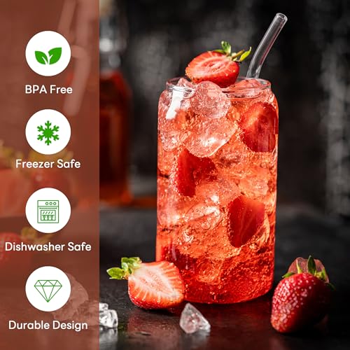 4pcs 16Oz Glass Cups with Bamboo Lids and Straws Drinking Glasses (4 Count)