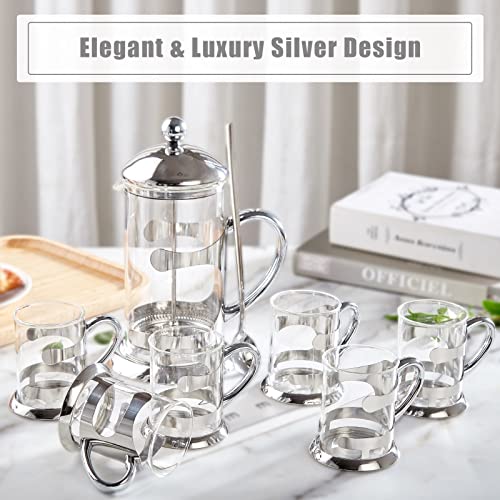 Silver French Press Set with 6 Cups & Tray