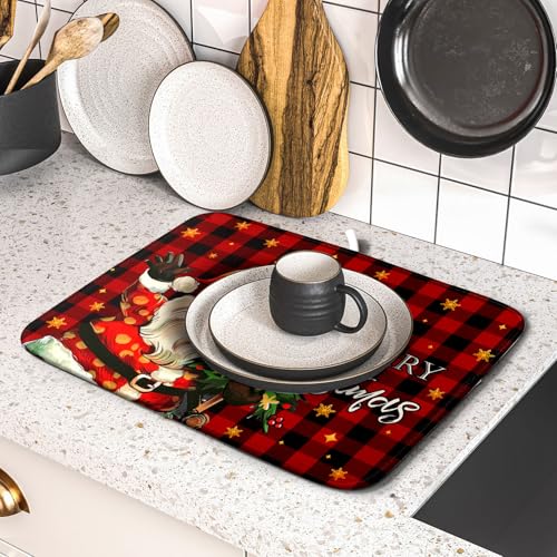 Merry Christmas Santa Claus Red Buffalo Plaid Dish Drying Mat for Kitchen Counter