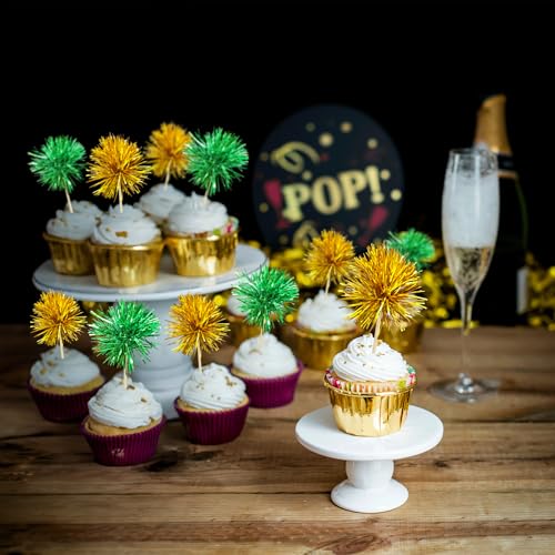 30Pcs Foil Firework Cupcake Toppers Sparkle Tinsel Cake Toppers Tinsel Drink Cake Decoration Cocktail Picks for Birthday Wedding Graduation Party Supplies Gold Green (30 Count)