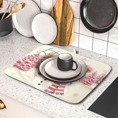 Pink Snowman Dish Drying Mat Xmas Trees Bird Winter Snowy Scene Dish Drainer Mats 16"x18" Microfiber Reversible Dish Drying Rack Pad Protector for Kitchen Countertop Decor
