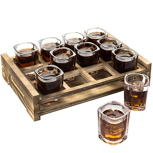Square Shot Glasses with Burnt Wood Serving Tray