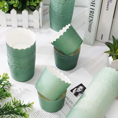 120Pcs Sage Green Paper Baking Cups Scalloped Edge Cupcake Wrappers Gradient Green Cupcake Muffin Cases for Wedding Birthday Baby Shower (120 Count)