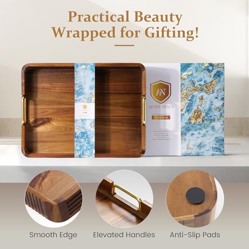 Acacia Wood Serving Tray with Gold Handles
