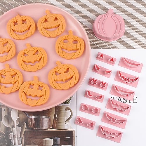 13Pcs Halloween Cookie Cutter Set Pumpkin Face Halloween Cookie Mold Biscuit Mold 3D Hollow Out Pumpkin Cake Baking Fondant Embosser Stamps Halloween Party DIY Cake Decorating Tools (13 Count)