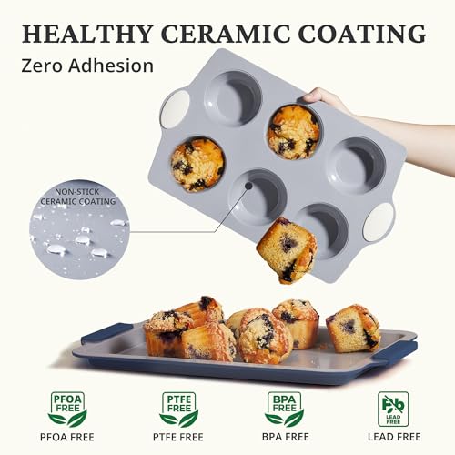 2-Pack 6-Cup Non Toxic Nonstick Ceramic Jumbo Muffin Pan & Cupcake Tin, PFOA & PFOA Free, Heavy Duty Rust-Resistant Aluminized Steel, Oven Safe, Cream White