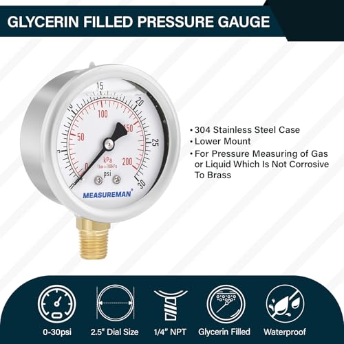 2-1/2inch Dial Size, Oil Filled Pressure Gauge, 0-30psi/kpa, 304 Stainless Steel Case, 1/4 inchNPT Lower Mount