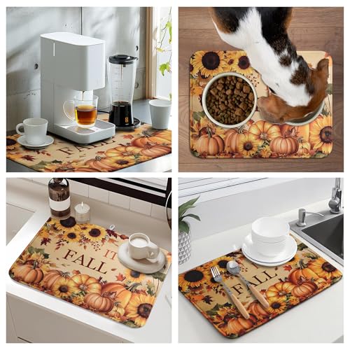 Fall Orange Pumpkins Dish Drying Mat Maple Leaves Autumn Large Kitchen Mats Dish Drying Pad Absorbent Dish Dryer Mat for Kitchen Countertops Microfiber Drainer Pad Dish Drying Mats