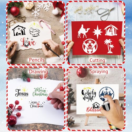 30 Pieces Small Christmas Nativity Stencils for Painting on Wood Reusable Palstic Nativity Scene Stencils for DIY Crafts Ornament Wood Cookie (30 Count)