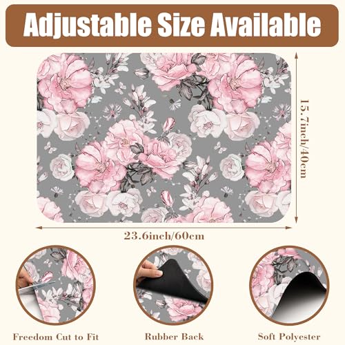 Pink Flowers and Leaves Coffee Mat Absorbent Dish Drying Mat for Kitchen Counter Hide Stain Rubber Backed Coffee Bar Accessories Fit Under Espresso Machine Dish Drainer