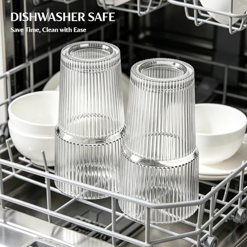 20 oz Ribbed Glass Tumblers with Lids and Glass Straws