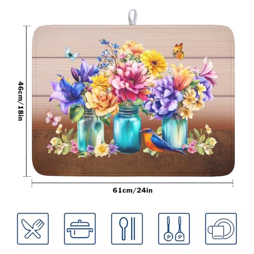 Spring Colorful Flowers Dish Drying Mat for Kitchen Counter