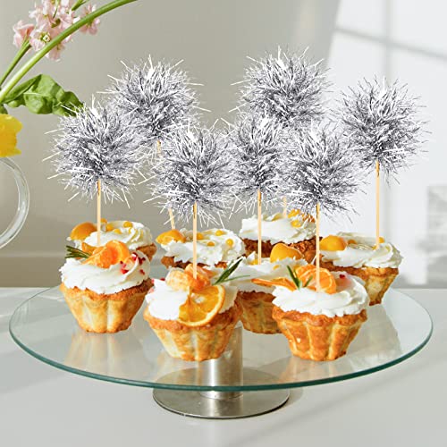 100 Pcs Silver Foil Firework Cupcake Toppers New Year Sparkle Tinsel Cake Toppers Cake Decoration Cocktail Fruit Toothpick for Birthday Wedding Graduation Party (100 Count)