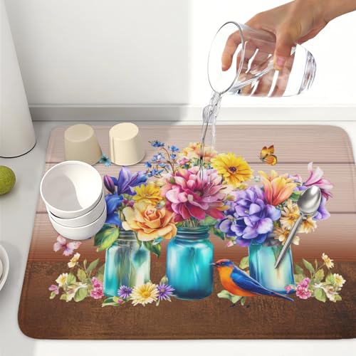 Spring Colorful Flowers Dish Drying Mat for Kitchen Counter