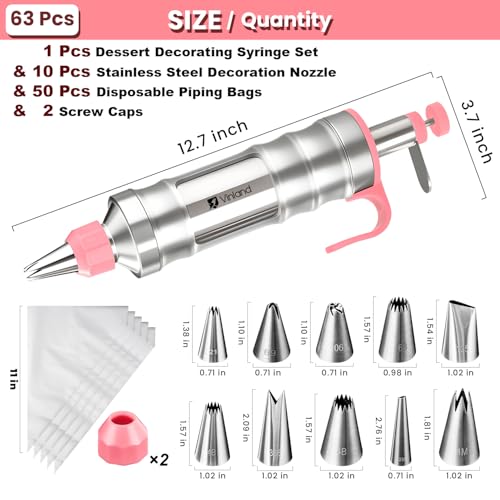 Dessert Decorating Syringe Set Icing Piping Kit Frosting Piping Kit Stainless Steels Cake Decorating Kit with 10 food grade stainless steel piping tips & 50 Disposable Piping Bags (63 Count)