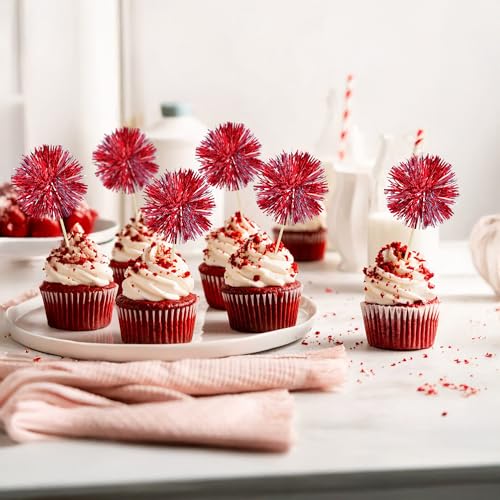 30Pcs Foil Firework Cupcake Toppers Sparkle Tinsel Cupcake Picks Happy Birthday Cake Toppers Drink Stirrers Cocktail Food Fruit Toothpicks for Baby Shower Birthday Party Supplies Red (30 Count)