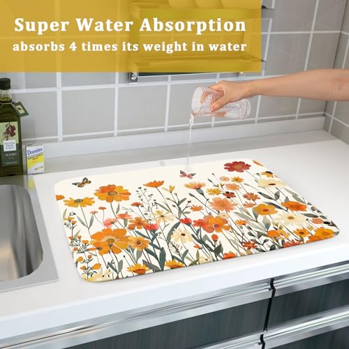 Fall Orange Wildflower Dish Drying Mat for Kitchen Counter