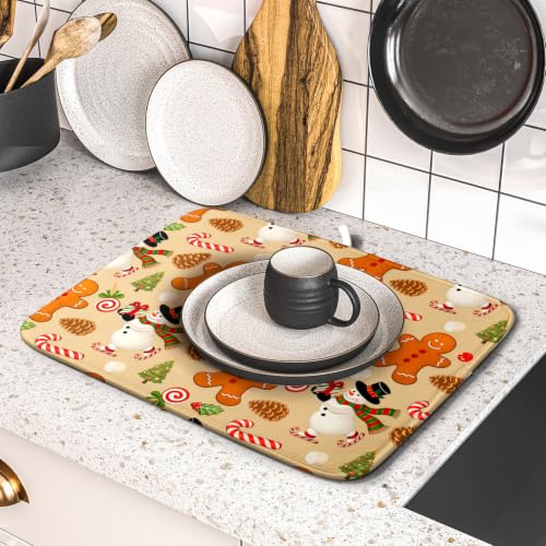 Xmas Gingerbread Man Candy Cane Dish Drying Mat for Kitchen Counter