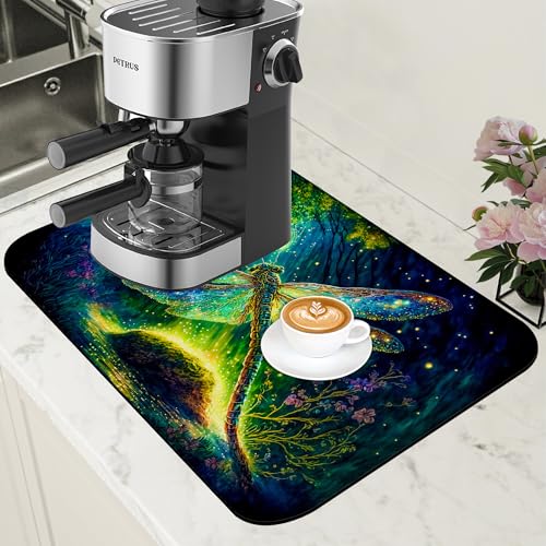 Magic Dragonfly in Forest Coffee Mat Absorbent Dish Drying Mat for Kitchen Counter Hide Stain Rubber Backed Coffee Bar Accessories Fit Under Espresso Machine Cafe Table