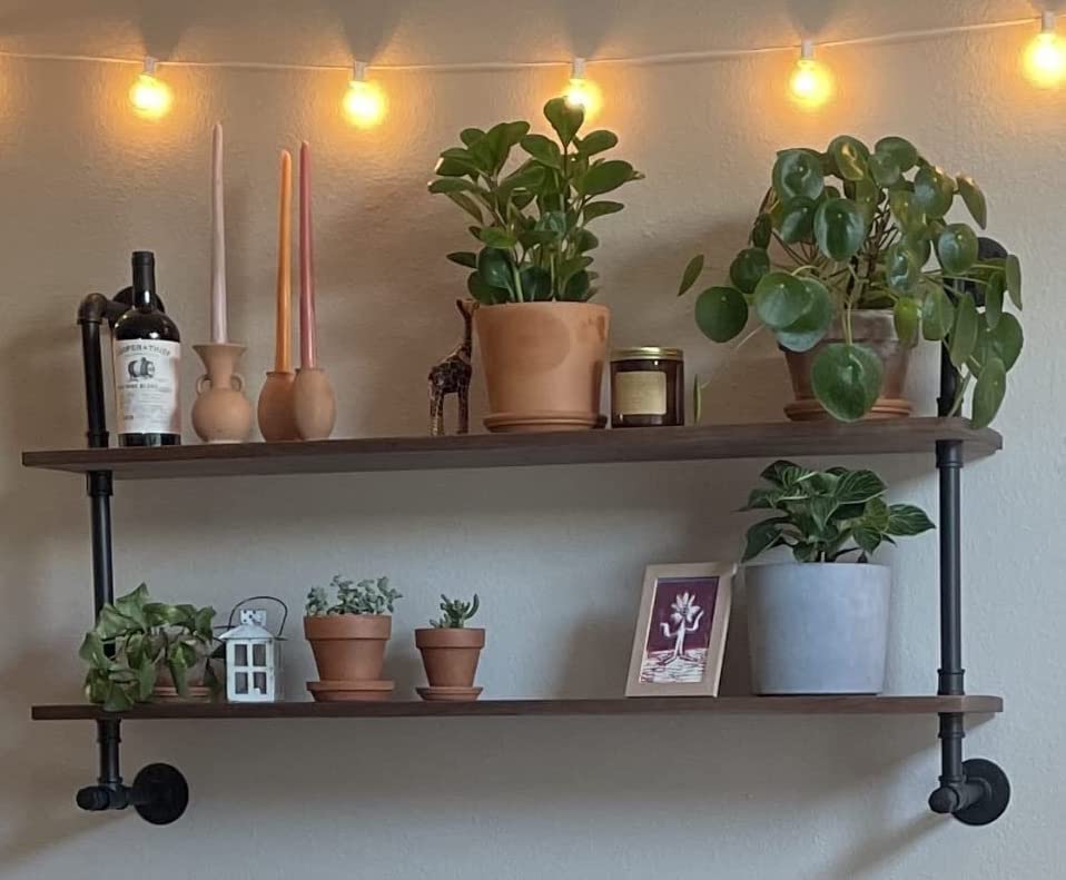 Industrial Pipe Wall Shelves Pipe Shelving with Real Wood Plank 36 Inches