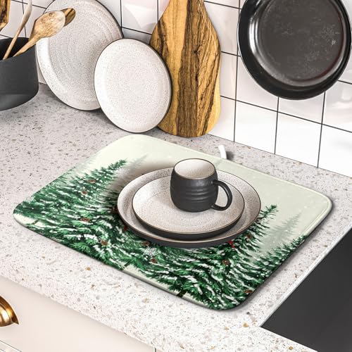 Winter Green Pine Tree Dish Drying Mat for Kitchen Counter