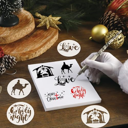 30 Pieces Small Christmas Nativity Stencils for Painting on Wood Reusable Palstic Nativity Scene Stencils for DIY Crafts Ornament Wood Cookie (30 Count)