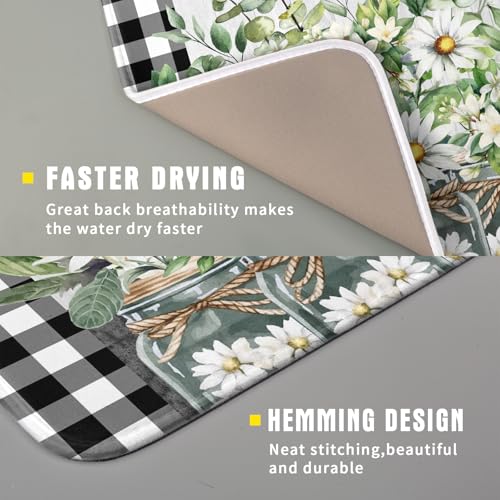 Spring Summer White Daisy Flowers Dish Drying Mat for Kitchen Counter Daisy Spring Flowers Dish Drying Mat 16x18 Inch Absorbent Reversible Microfiber Protector Drainer Mat Dishes Pad for Countertops