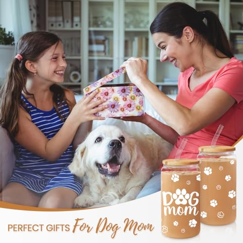 Dog Mom Cup 16 Oz Can Glass Coffee Mug with Bamboo Lid & Straw