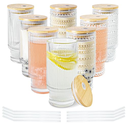 Hobnail Glass Cups with Lids and Straws Drinking Glasses Set of 8 (8 Count)