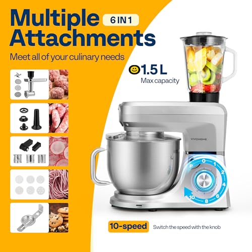 6-in-1 Stand Mixer, 8.5-Quart Tilt-Head Mixer, 10 Speeds, Silver