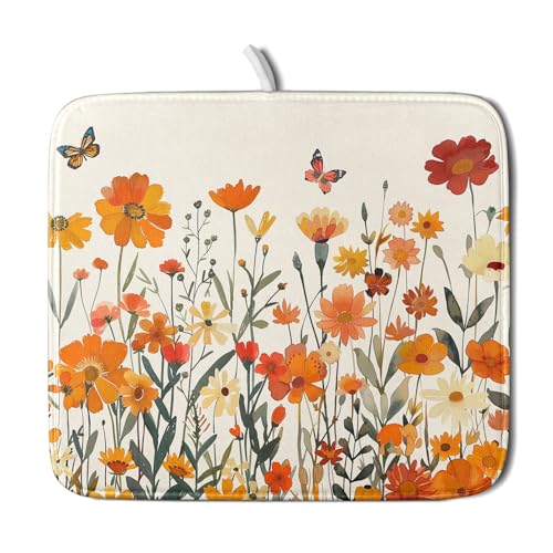 Fall Orange Wildflower Dish Drying Mat for Kitchen Counter