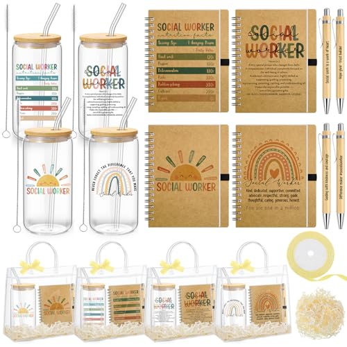 12 Pcs 4 Sets Social Worker Appreciation Week Gift Bulk Included 16oz Glass Coffee Cup with A6 Spiral Notebook Journal Pen for Graduation Gift for Bsw Msw Dsw Women Coworker Office Supplies (4 Count)