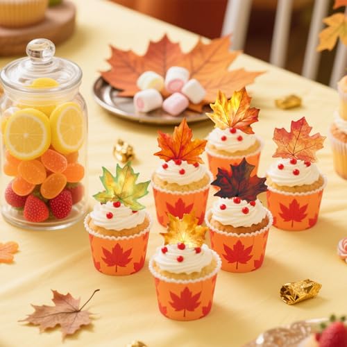72 Pcs Edible Fall Leaves Cupcake Toppers Wafer Paper Autumn Maple Leaf Cupcake Topper Thanksgiving Theme Cake Picks Birthday Baby Shower Party Decorations